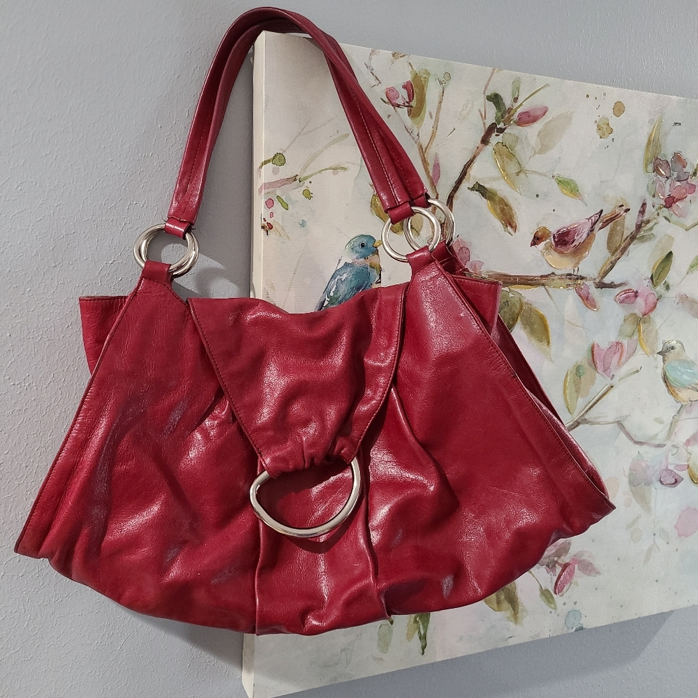 HOBO Red Leather Shoulder Bag with Silver Rings